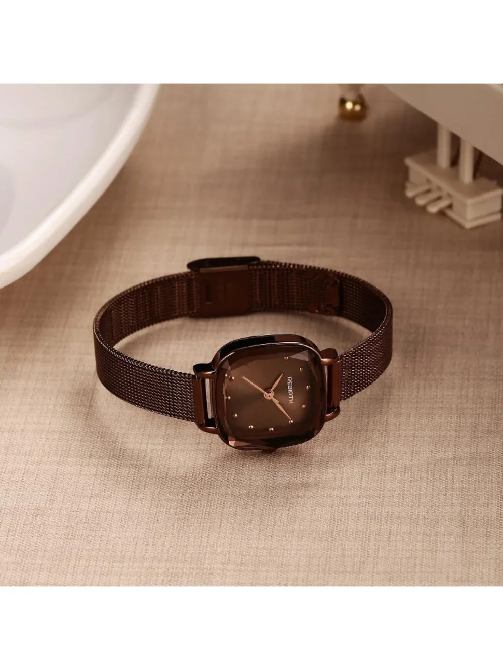 Women's Coffee Gold Square Minimalist Dial Mesh Band Crystal Case Wrist Watch